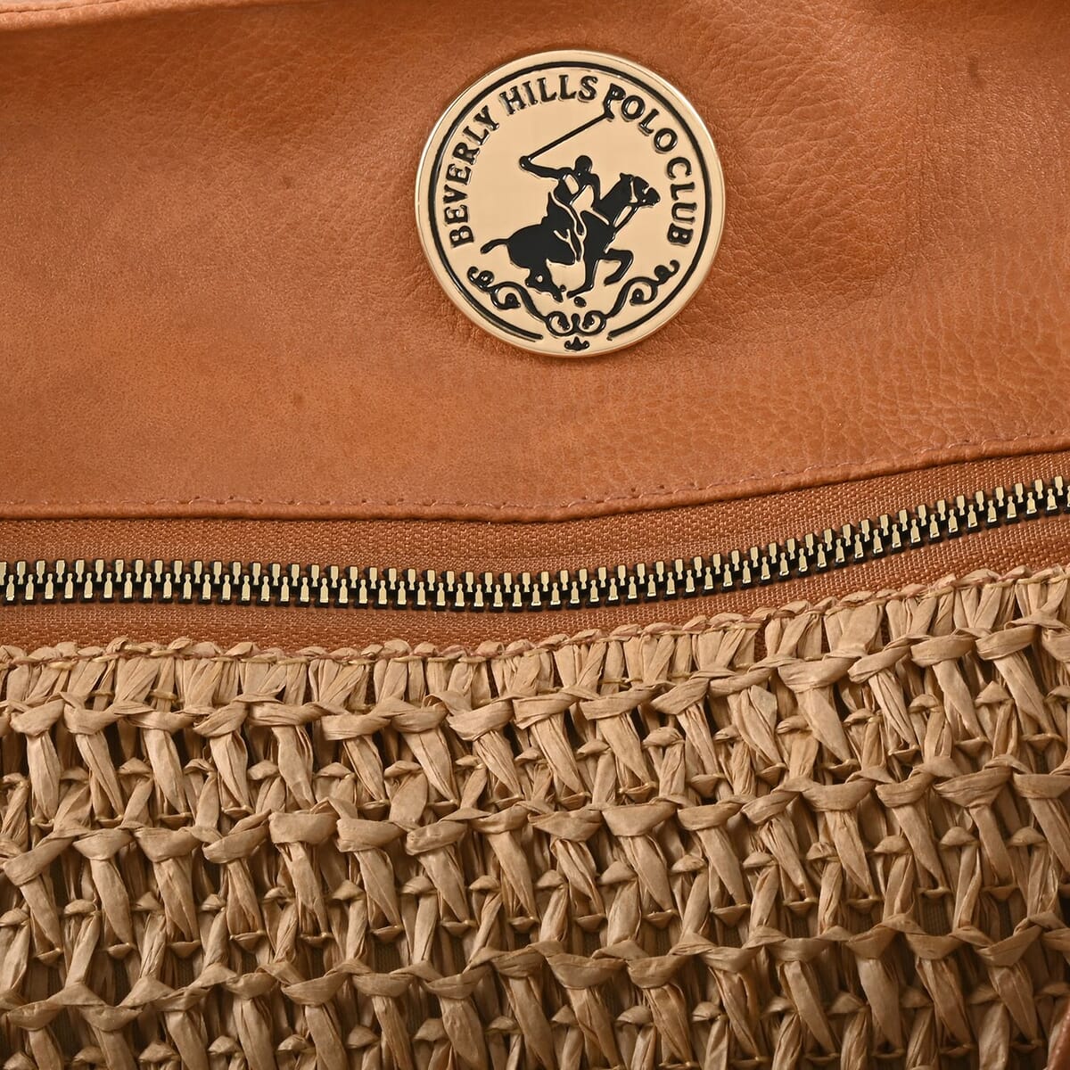 Beverly Hills Polo Club Tan Faux Leather and Straw Tote Bag image number 4