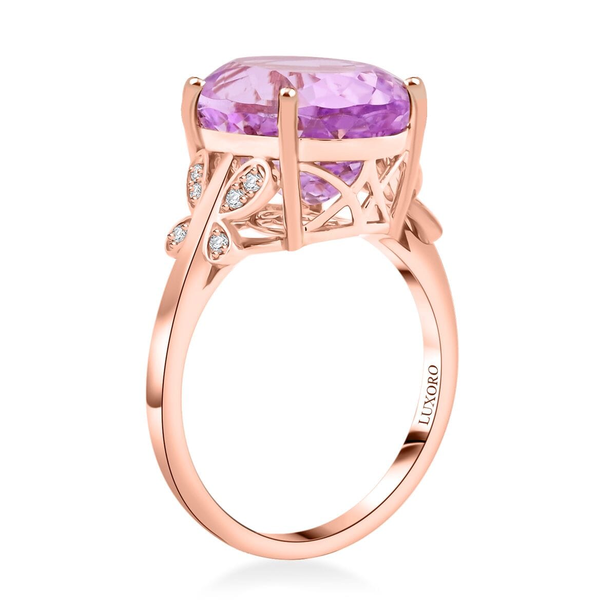 Certified & Appraised Luxoro AAA Martha Rocha Kunzite and I2 Diamond 13.10 ctw Ring in 10K Rose Gold (Size 7.0) 4.56 Grams image number 3
