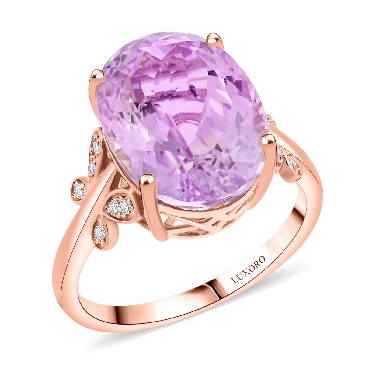 Certified & Appraised Luxoro AAA Martha Rocha Kunzite and I2 Diamond 13.10 ctw Ring in 10K Rose Gold (Size 9.0) 4.56 Grams image number 0