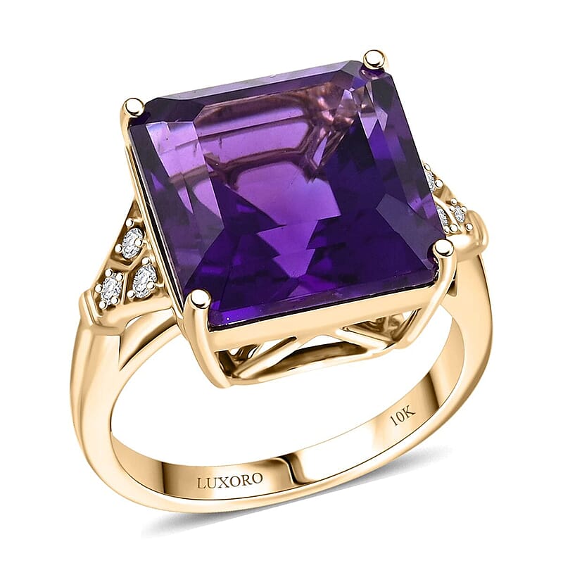 Certified & Appraised Luxoro AAA Natural Lusaka Amethyst and G-H I2 Diamond 8.25 ctw Ring in 10K Yellow Gold (Size 10.0) 4.10 Grams