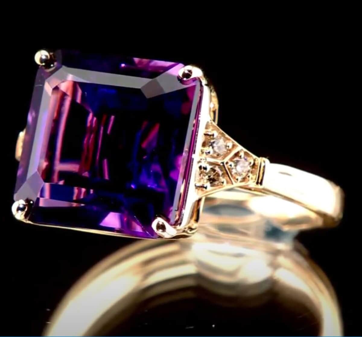 Certified & Appraised Luxoro AAA Natural Lusaka Amethyst and G-H I2 Diamond 8.25 ctw Ring in 10K Yellow Gold (Size 10.0) 4.10 Grams image number 1