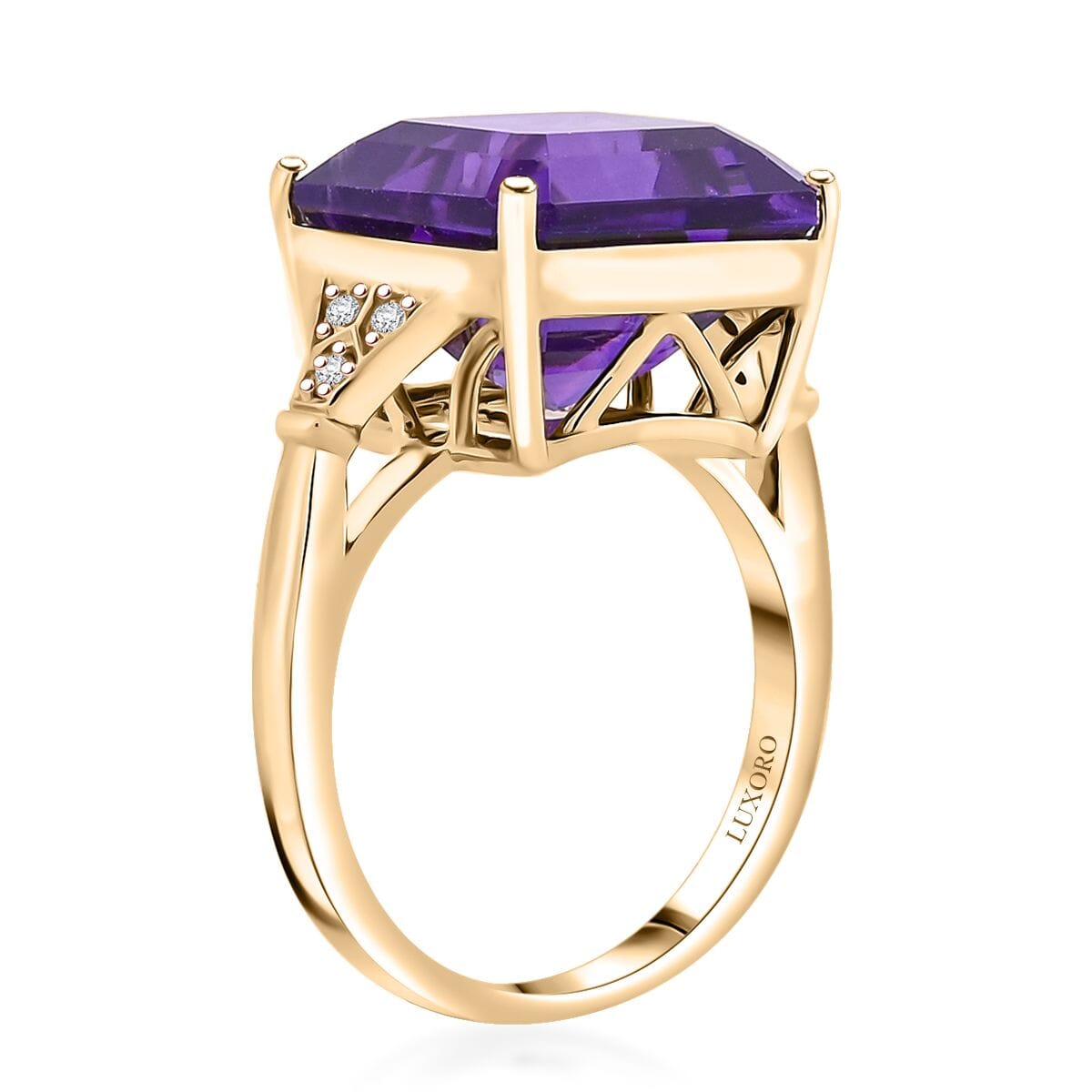 Certified & Appraised Luxoro AAA Natural Lusaka Amethyst and G-H I2 Diamond 8.25 ctw Ring in 10K Yellow Gold (Size 8.0) 4.10 Grams image number 3