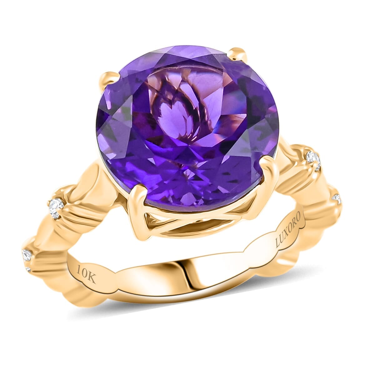 Certified & Appraised Luxoro AAA Natural Lusaka Amethyst and G-H I2 Diamond 6.52 ctw Ring in 10K Yellow Gold (Size 5.5) 4.60 Grams image number 0