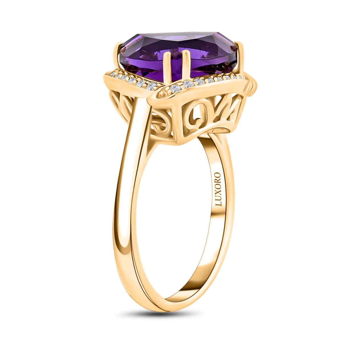 Certified & Appraised Luxoro AAA Natural Lusaka Amethyst and G-H I2 Diamond 6.05 ctw Ring in 10K Yellow Gold (Size 10.0) 4.38 Grams image number 3