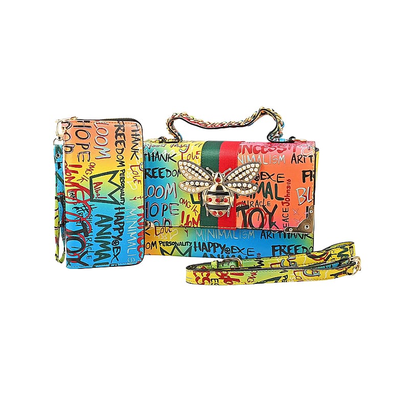 Chunma Graffiti Art, Set of 2, Multi Color Vegan Leather Crossbody Bag with Wallet