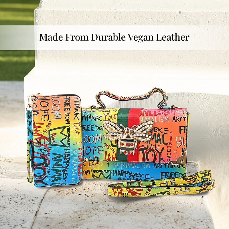 Chunma Graffiti Art, Set of 2, Multi Color Vegan Leather Crossbody Bag with Wallet