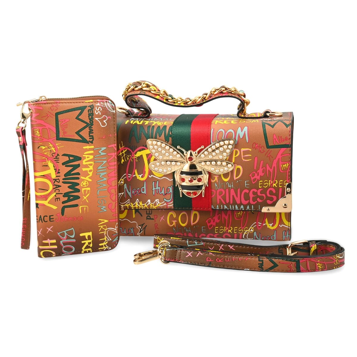 Chunma Graffiti Art, Set of 2, Tan& Multi Color Vegan Leather Crossbody Bag with Wallet image number 0
