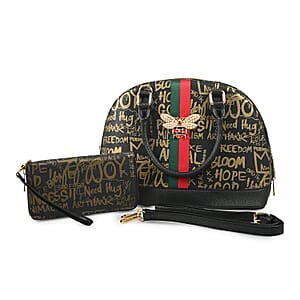 Chunma 2pc Black & Gold Graffiti Pattern Vegan Leather Shoulder Bag with Wallet