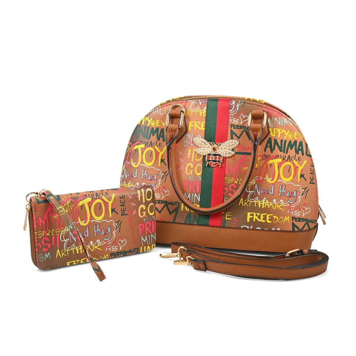 Chunma 2pc Tan & Multi Color Graffiti Pattern Vegan Leather Shoulder Bag with Wallet image number 0