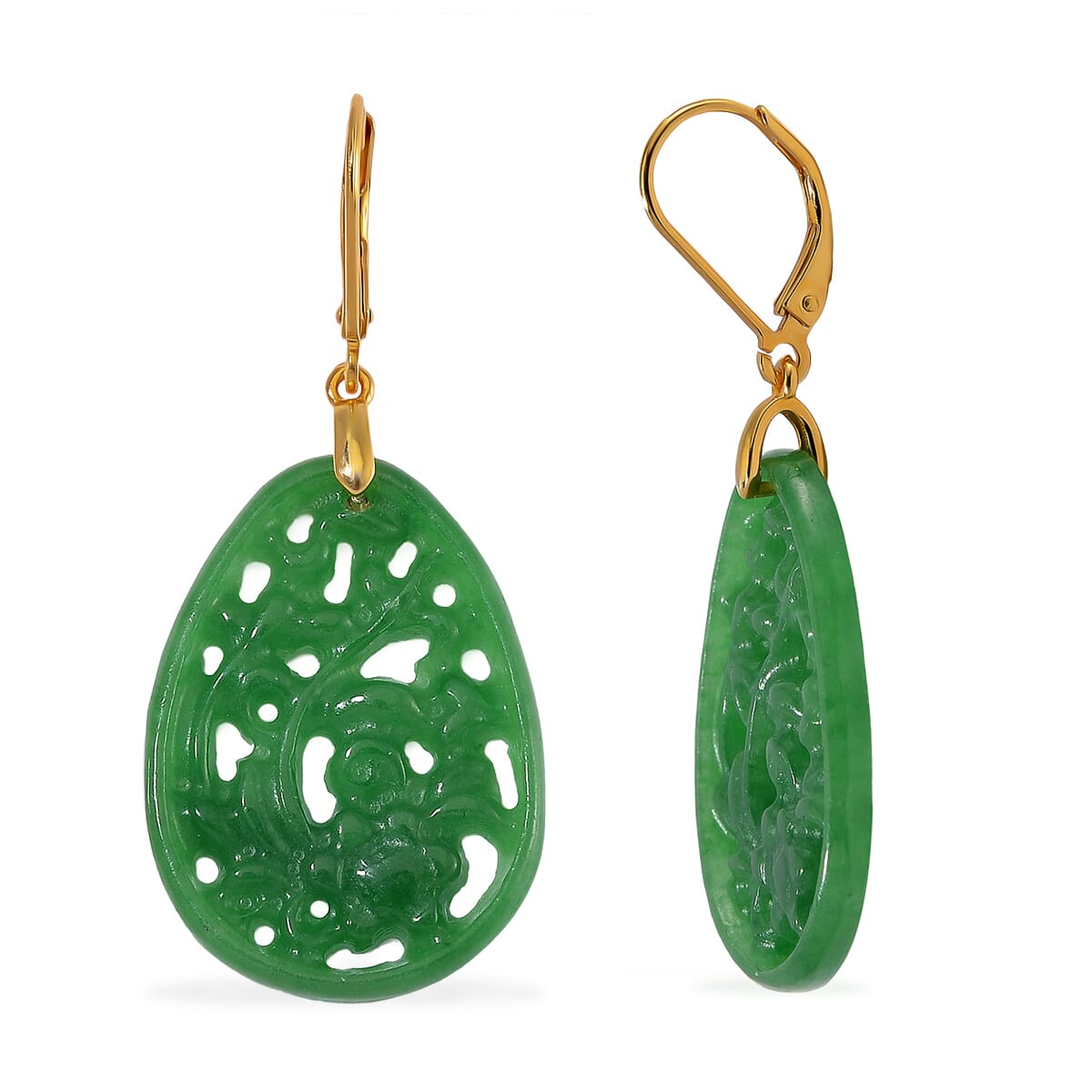 Green Jade (D) 24.00 ctw Carved Lever Back Earrings in 14K Yellow Gold Over Sterling Silver image number 0