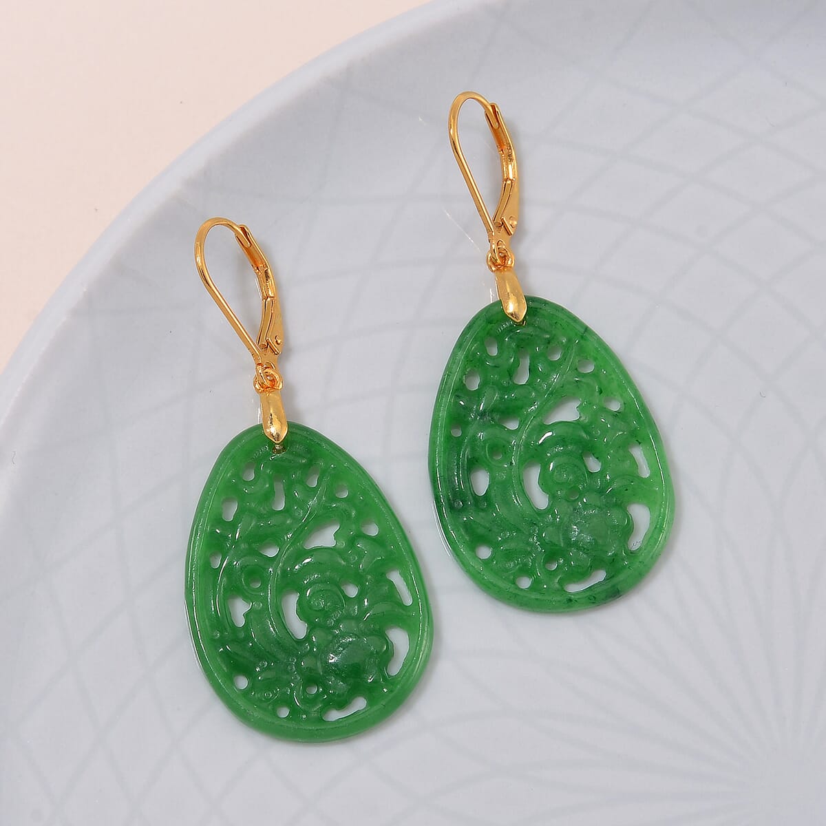 Green Jade (D) 24.00 ctw Carved Lever Back Earrings in 14K Yellow Gold Over Sterling Silver image number 1