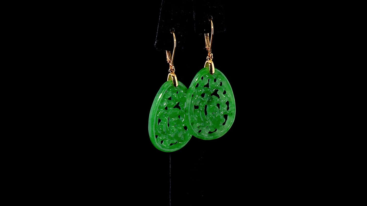 Green Jade Carved Lever Back Earrings in 14K YG Over Sterling Silver 24.00 ctw
