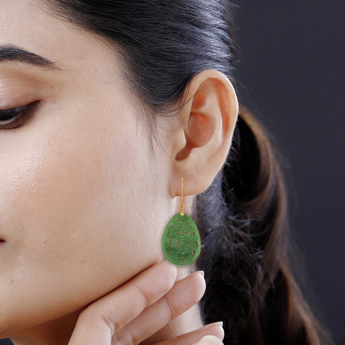 Green Jade (D) 24.00 ctw Carved Lever Back Earrings in 14K Yellow Gold Over Sterling Silver image number 2