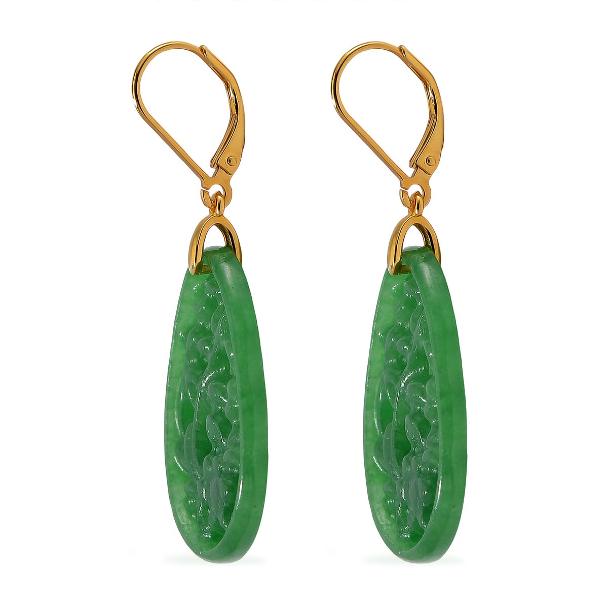 Green Jade (D) 24.00 ctw Carved Lever Back Earrings in 14K Yellow Gold Over Sterling Silver image number 3