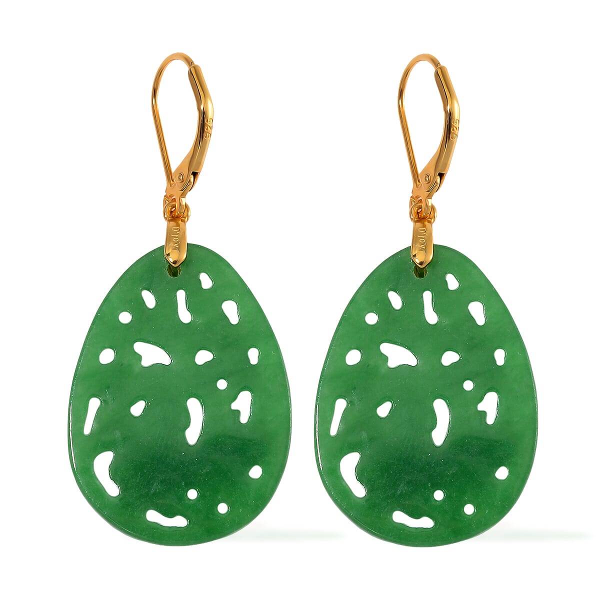 Green Jade (D) 24.00 ctw Carved Lever Back Earrings in 14K Yellow Gold Over Sterling Silver image number 4