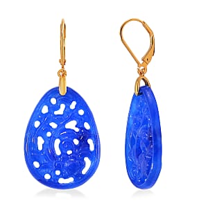 Blue Jade 24.00 ctw Carved Lever Back Earrings in 14K Yellow Gold Over Sterling Silver