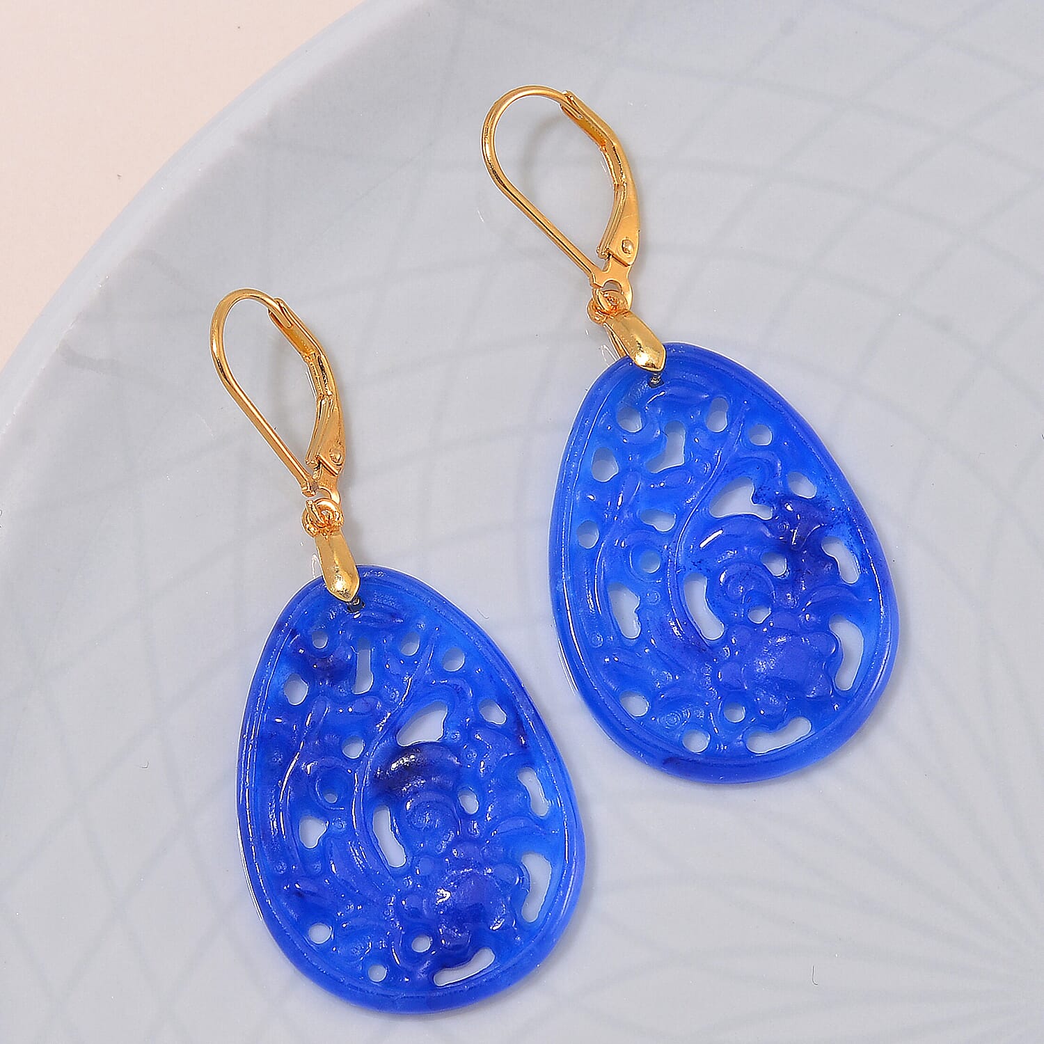 Blue Jade 24.00 ctw Carved Lever Back Earrings in 14K Yellow Gold Over Sterling Silver