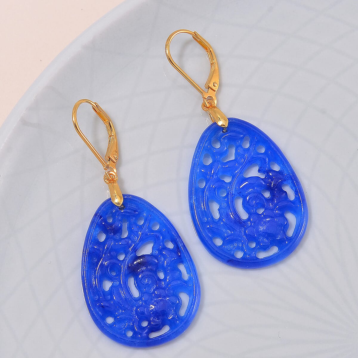 Blue Jade 24.00 ctw Carved Lever Back Earrings in 14K Yellow Gold Over Sterling Silver image number 1
