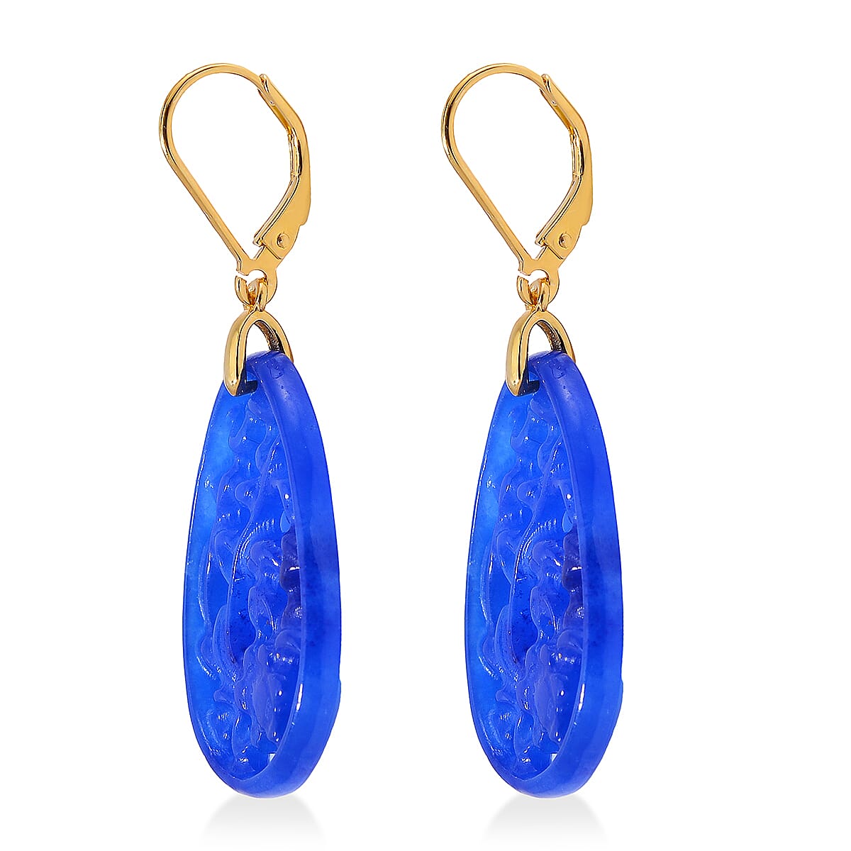 Blue Jade 24.00 ctw Carved Lever Back Earrings in 14K Yellow Gold Over Sterling Silver