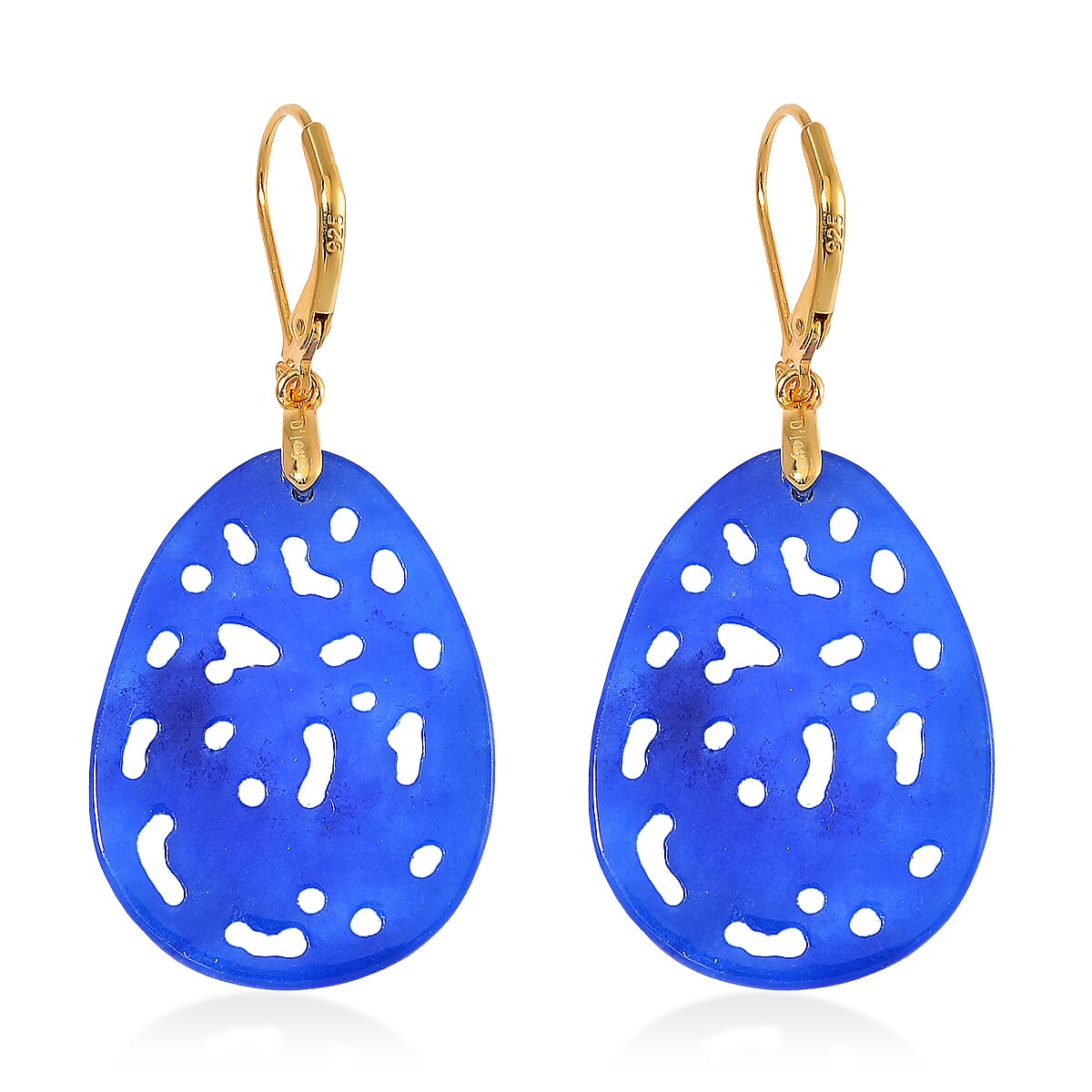 Blue Jade 24.00 ctw Carved Lever Back Earrings in 14K Yellow Gold Over Sterling Silver