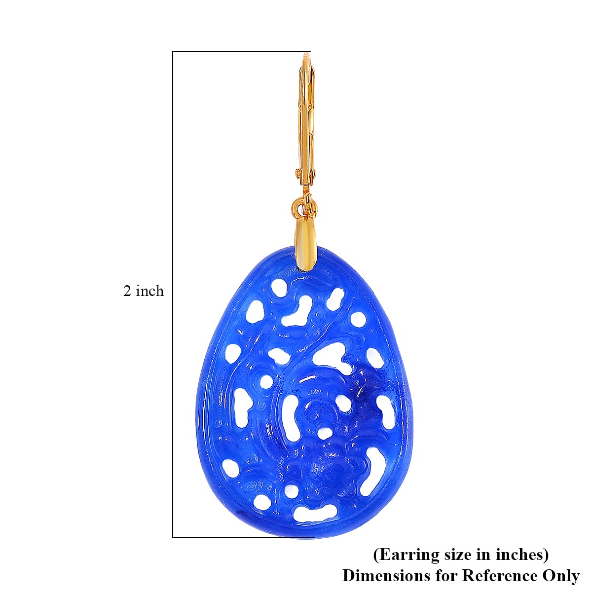 Blue Jade 24.00 ctw Carved Lever Back Earrings in 14K Yellow Gold Over Sterling Silver