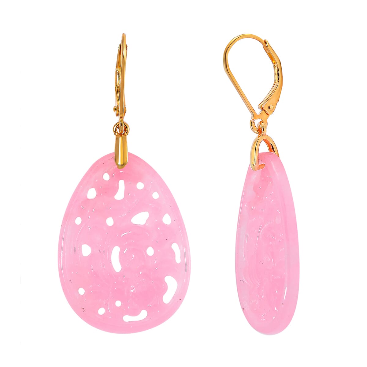 Pink Jade (D) 24.00 ctw Carved Lever Back Earrings in 14K Yellow Gold Over Sterling Silver image number 0