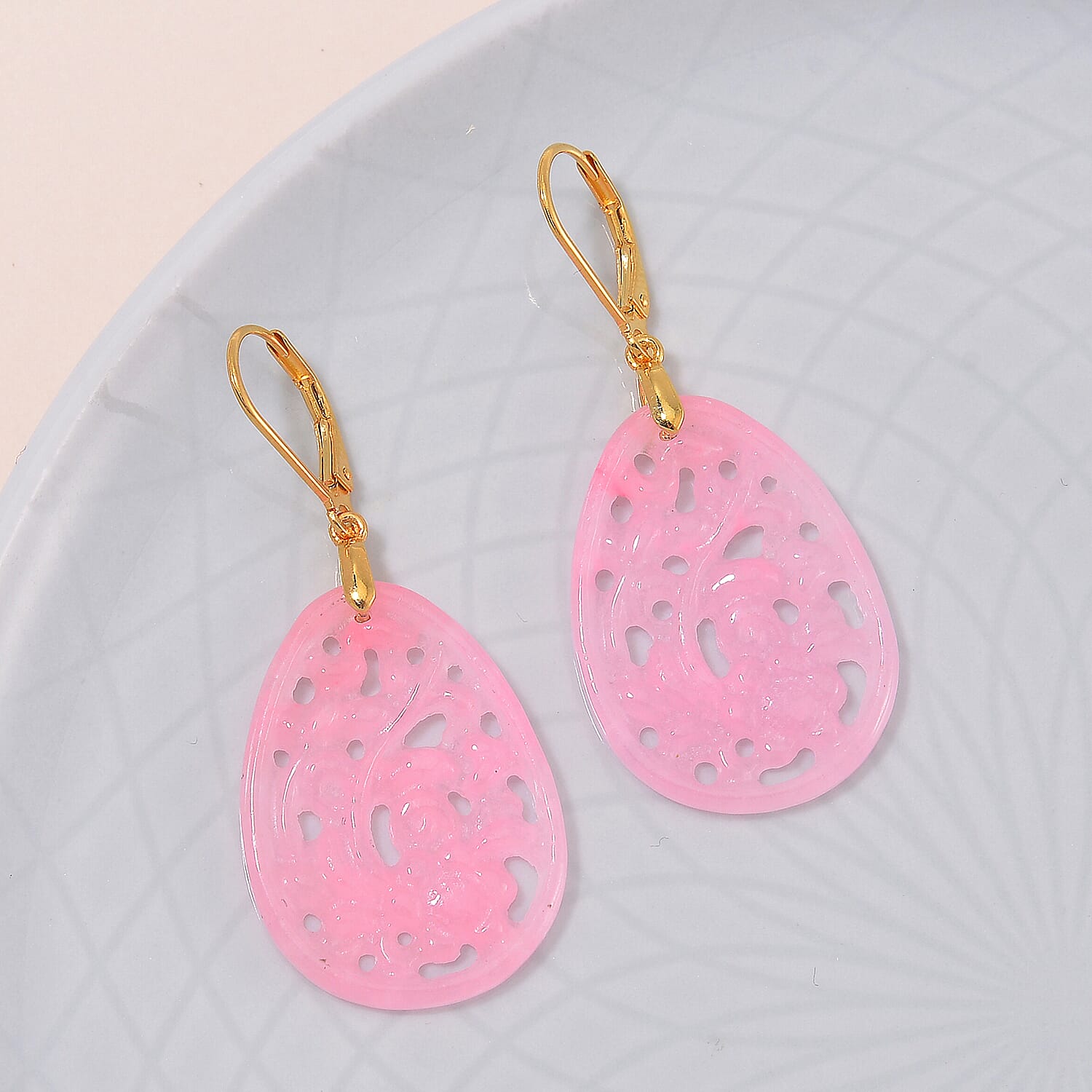 Pink Jade (D) 24.00 ctw Carved Lever Back Earrings in 14K Yellow Gold Over Sterling Silver