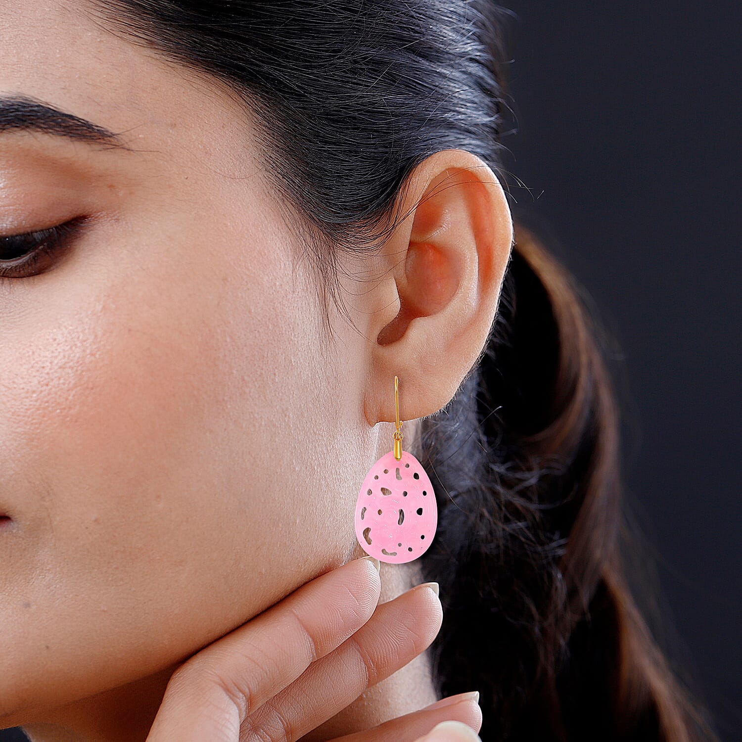 Pink Jade (D) 24.00 ctw Carved Lever Back Earrings in 14K Yellow Gold Over Sterling Silver