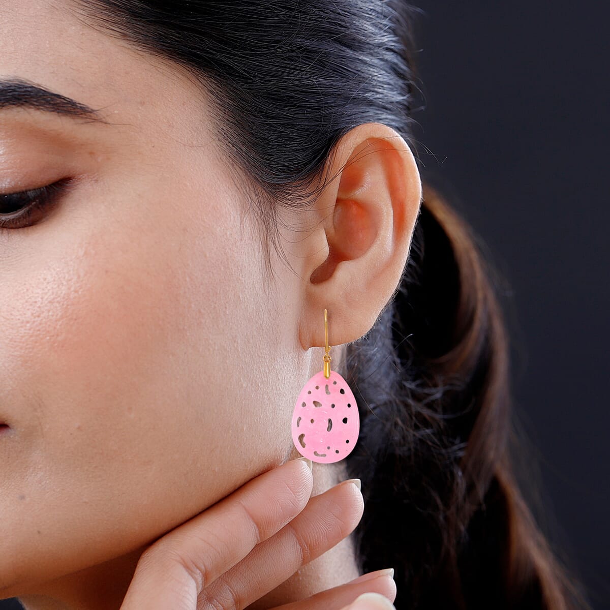 Pink Jade (D) 24.00 ctw Carved Lever Back Earrings in 14K Yellow Gold Over Sterling Silver image number 2