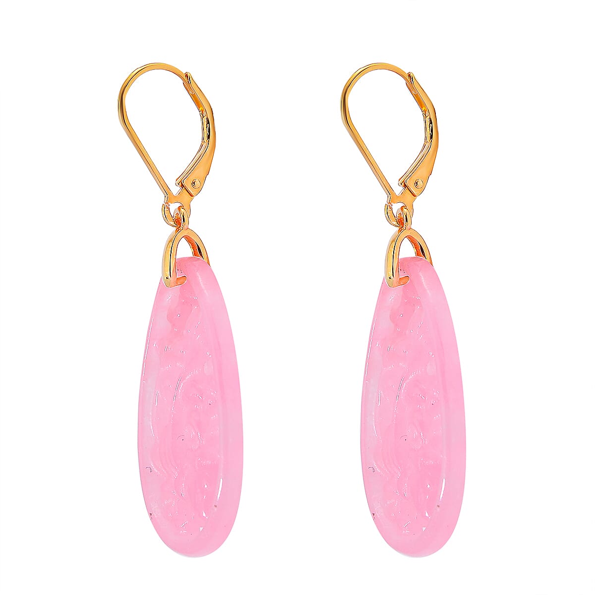 Pink Jade (D) 24.00 ctw Carved Lever Back Earrings in 14K Yellow Gold Over Sterling Silver