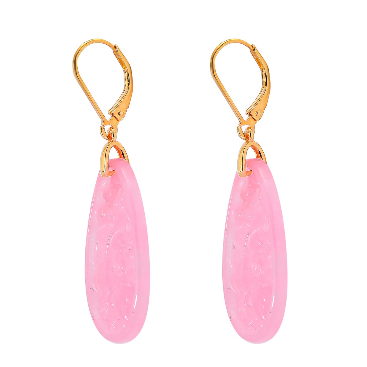 Pink Jade (D) 24.00 ctw Carved Lever Back Earrings in 14K Yellow Gold Over Sterling Silver image number 3