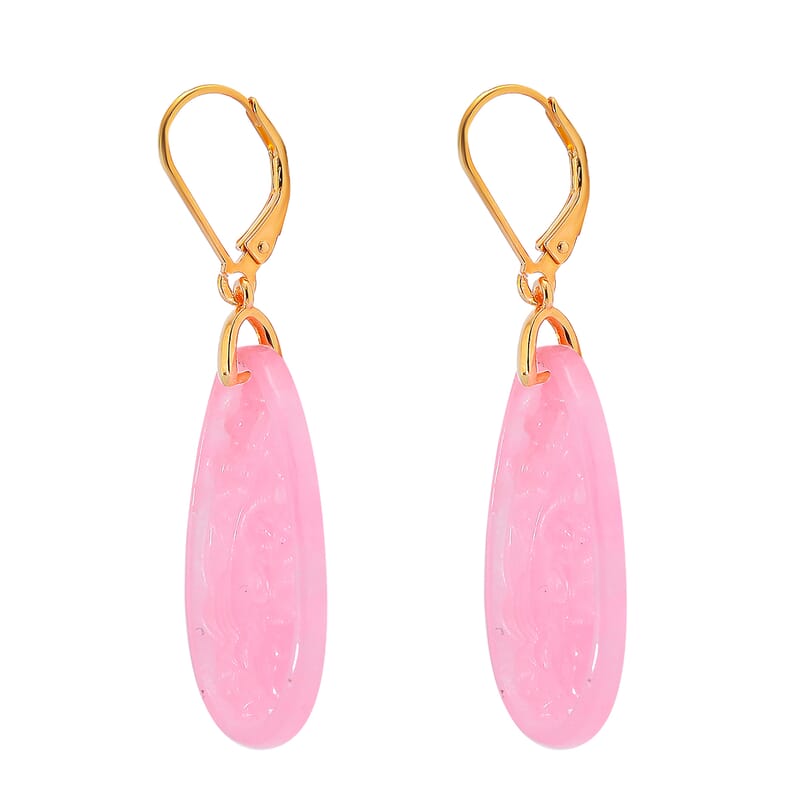 Pink Jade (D) 24.00 ctw Carved Lever Back Earrings in 14K Yellow Gold Over Sterling Silver