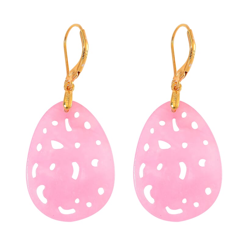 Pink Jade (D) 24.00 ctw Carved Lever Back Earrings in 14K Yellow Gold Over Sterling Silver