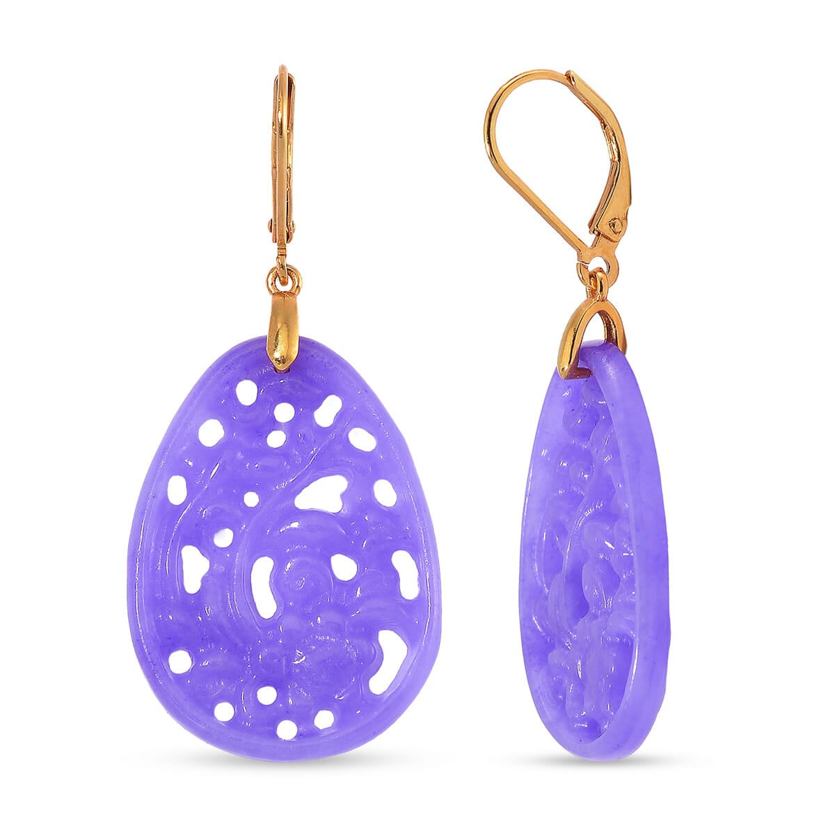Purple Jade (D) 24.00 ctw Carved Lever Back Earrings in 14K Yellow Gold Over Sterling Silver image number 0