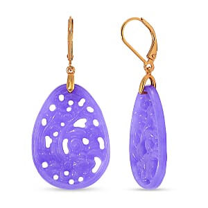 Purple Jade (D) 24.00 ctw Carved Lever Back Earrings in 14K Yellow Gold Over Sterling Silver