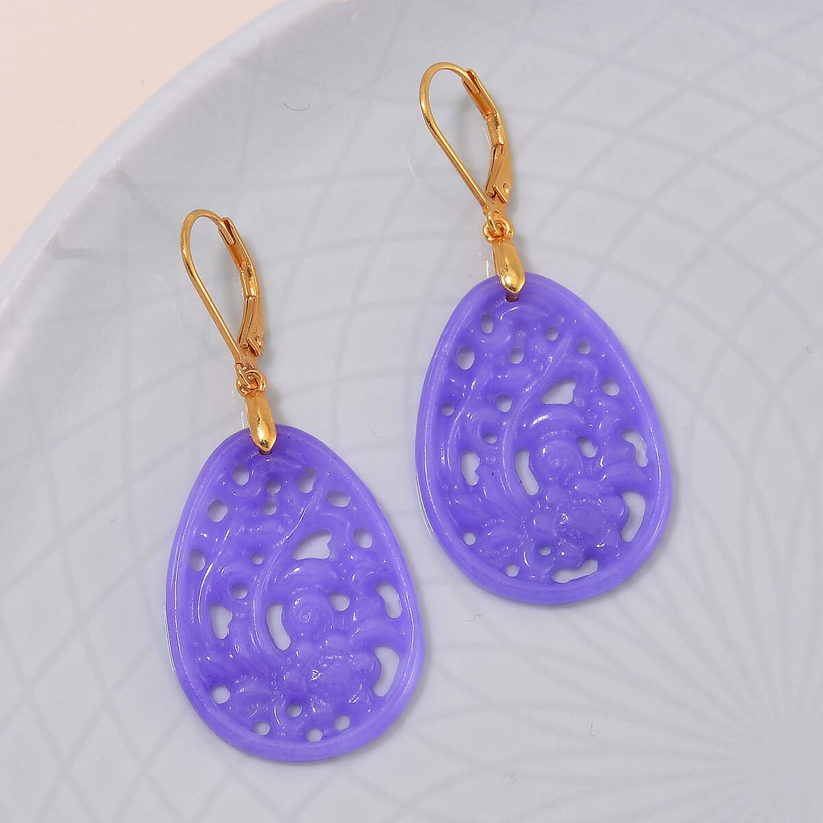 Purple Jade (D) 24.00 ctw Carved Lever Back Earrings in 14K Yellow Gold Over Sterling Silver image number 1