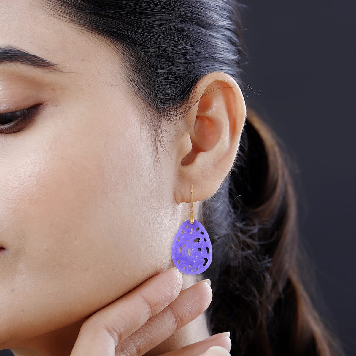 Purple Jade (D) 24.00 ctw Carved Lever Back Earrings in 14K Yellow Gold Over Sterling Silver image number 2