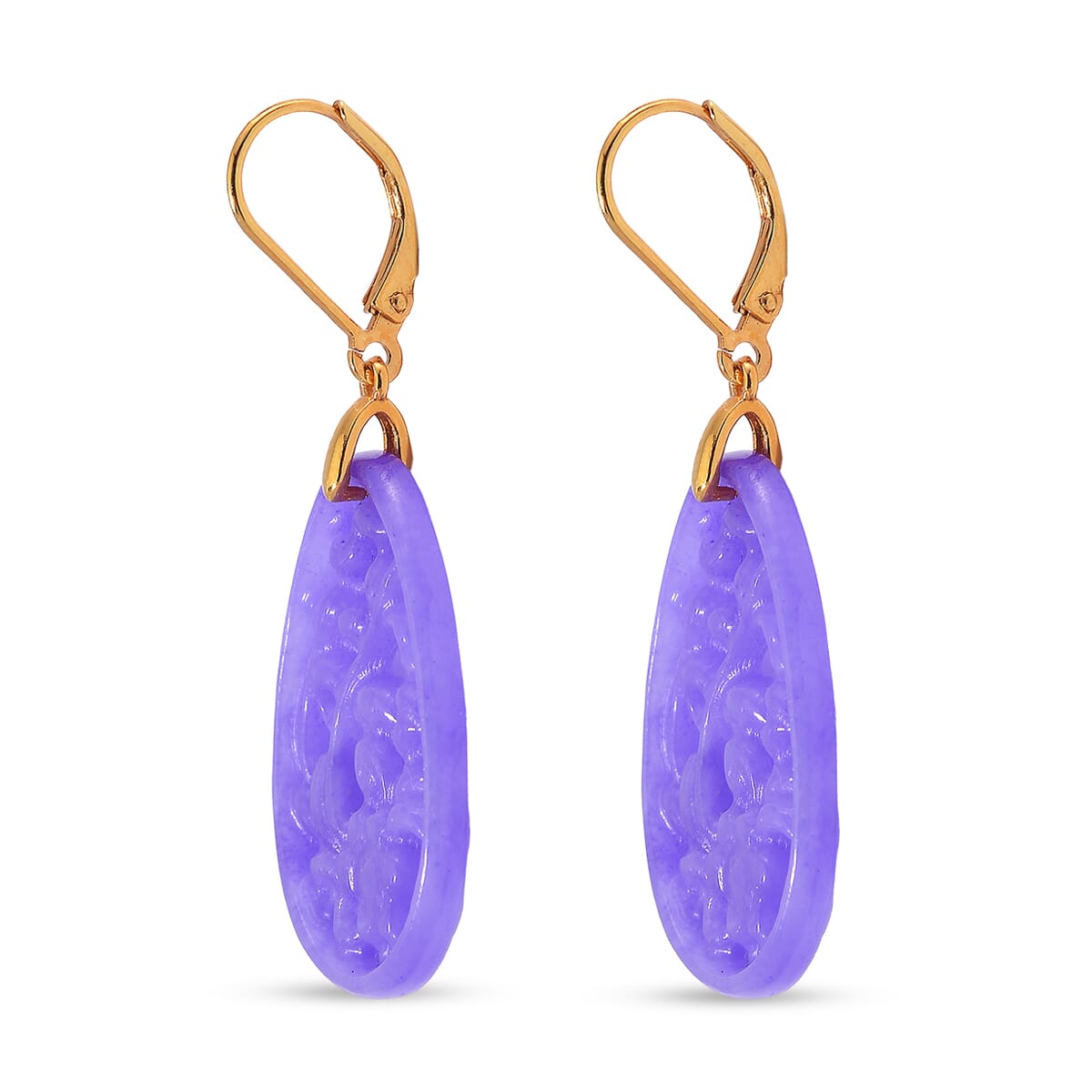 Purple Jade (D) 24.00 ctw Carved Lever Back Earrings in 14K Yellow Gold Over Sterling Silver image number 3