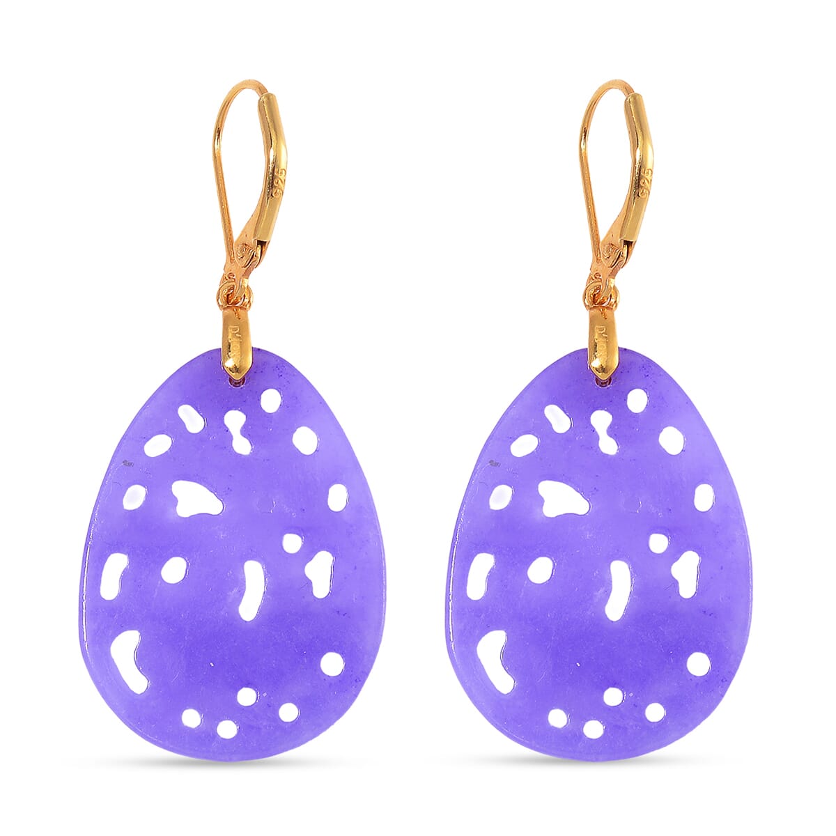 Purple Jade (D) 24.00 ctw Carved Lever Back Earrings in 14K Yellow Gold Over Sterling Silver image number 4