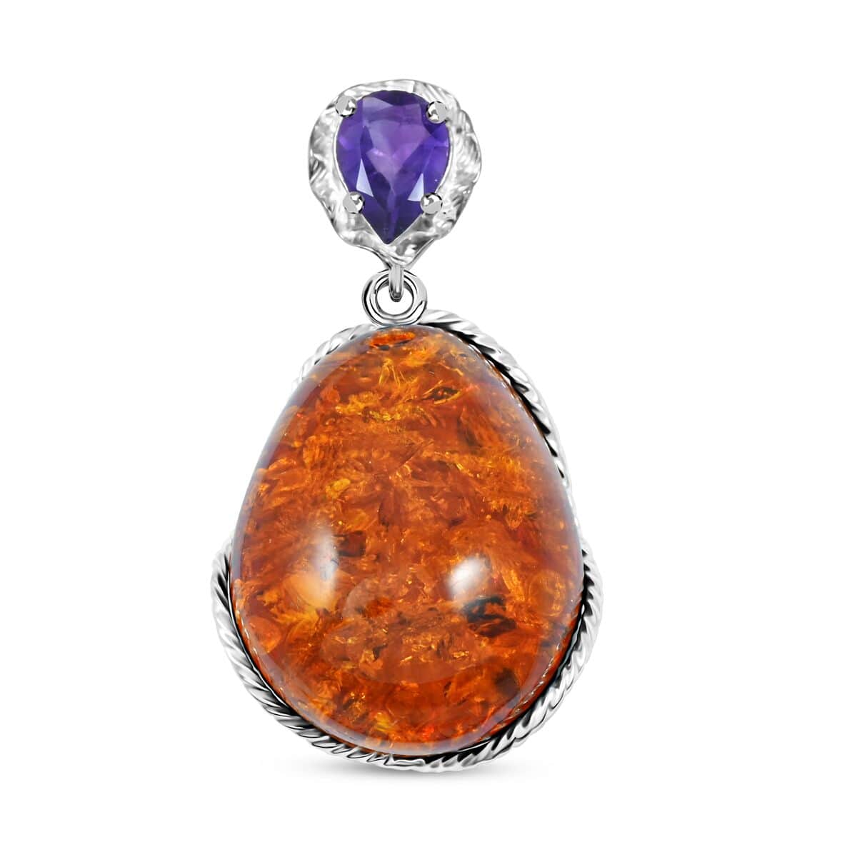 Baltic Amber and African Amethyst 1.50 ctw Pendant in Sterling Silver image number 0