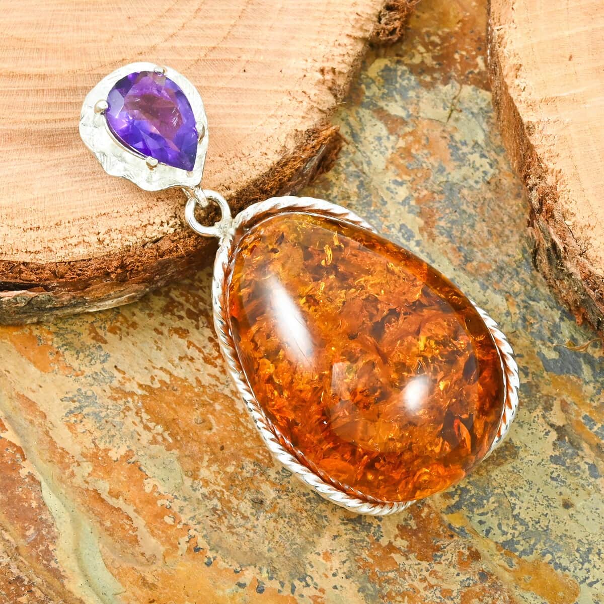 Baltic Amber and African Amethyst 1.50 ctw Pendant in Sterling Silver image number 1