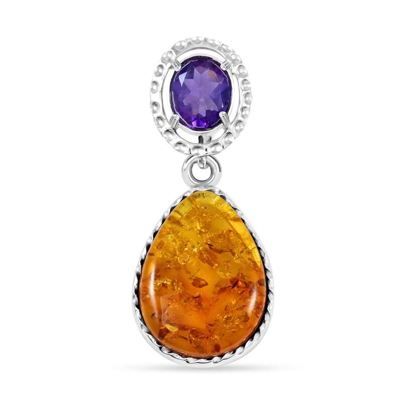 Baltic Amber and African Amethyst 1.50 ctw Pendant without Chain in Sterling Silver