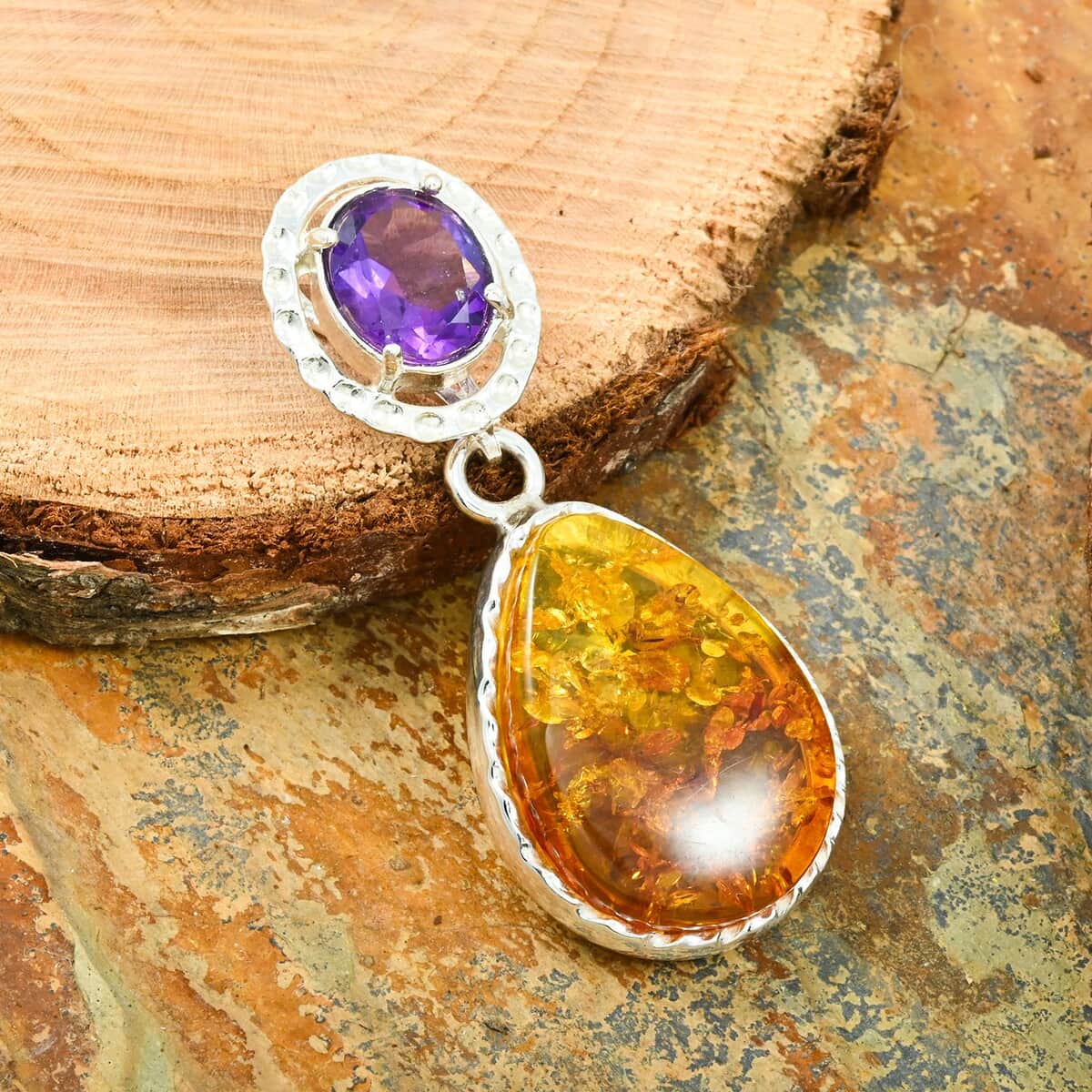 Baltic Amber and African Amethyst 1.50 ctw Pendant in Sterling Silver image number 1