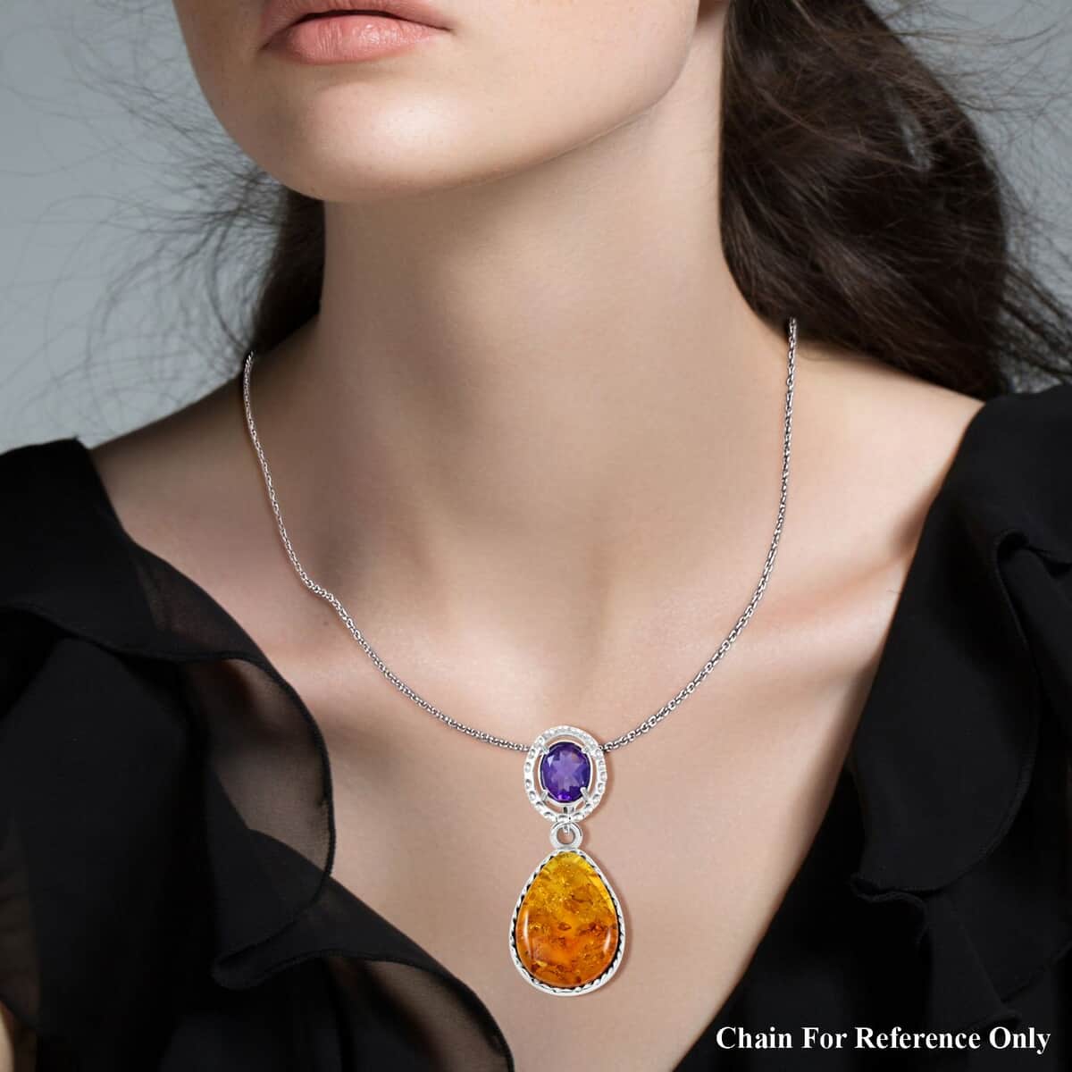 Baltic Amber and African Amethyst 1.50 ctw Pendant in Sterling Silver image number 2