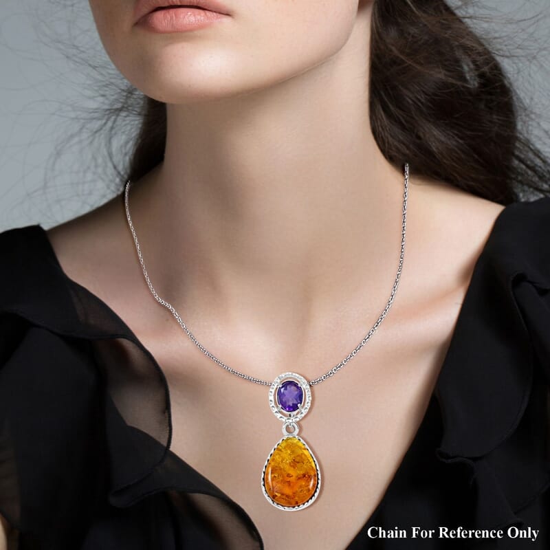 Baltic Amber and African Amethyst 1.50 ctw Pendant without Chain in Sterling Silver