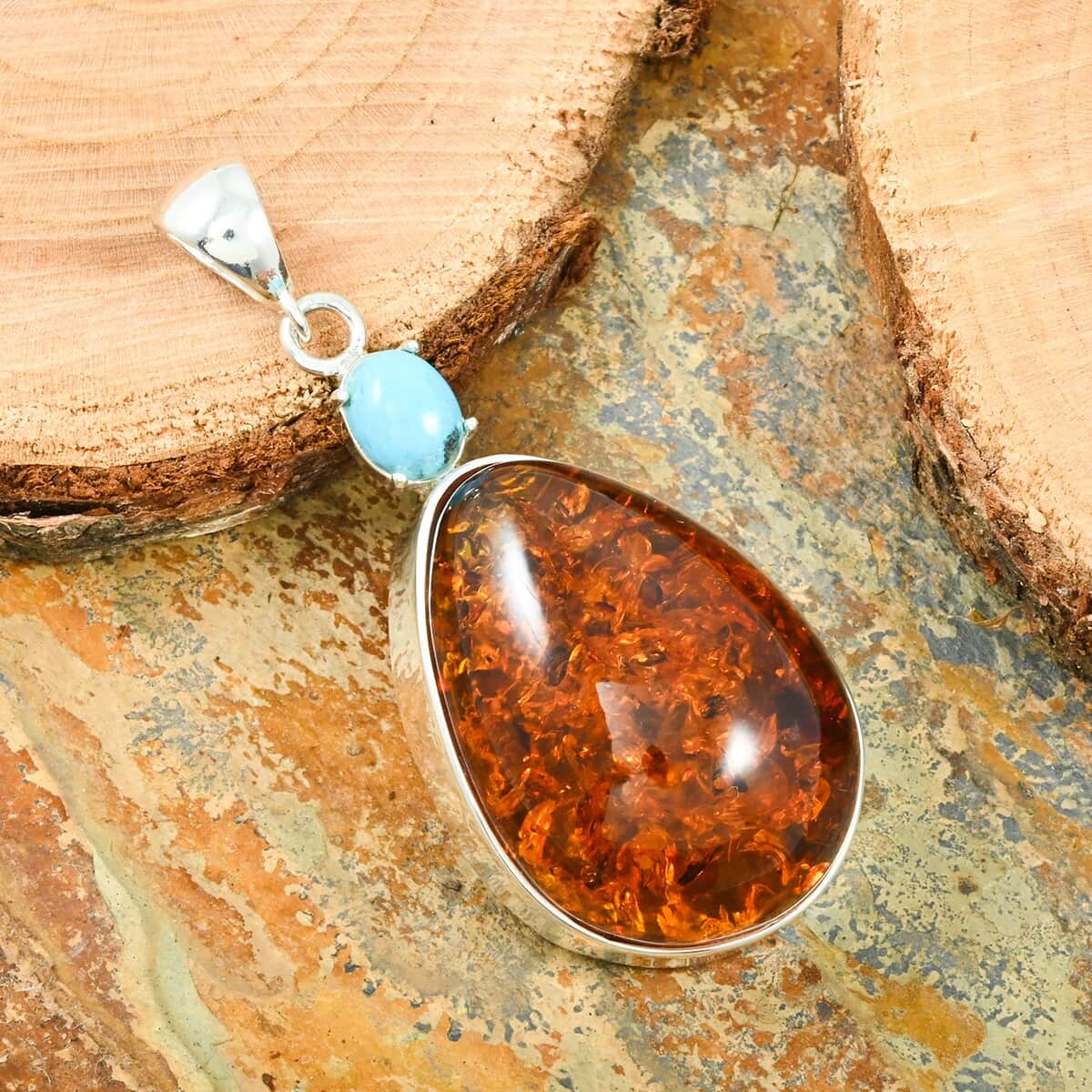 Baltic Amber and Sleeping Beauty Turquoise 1.50 ctw Pendant in Sterling Silver image number 1