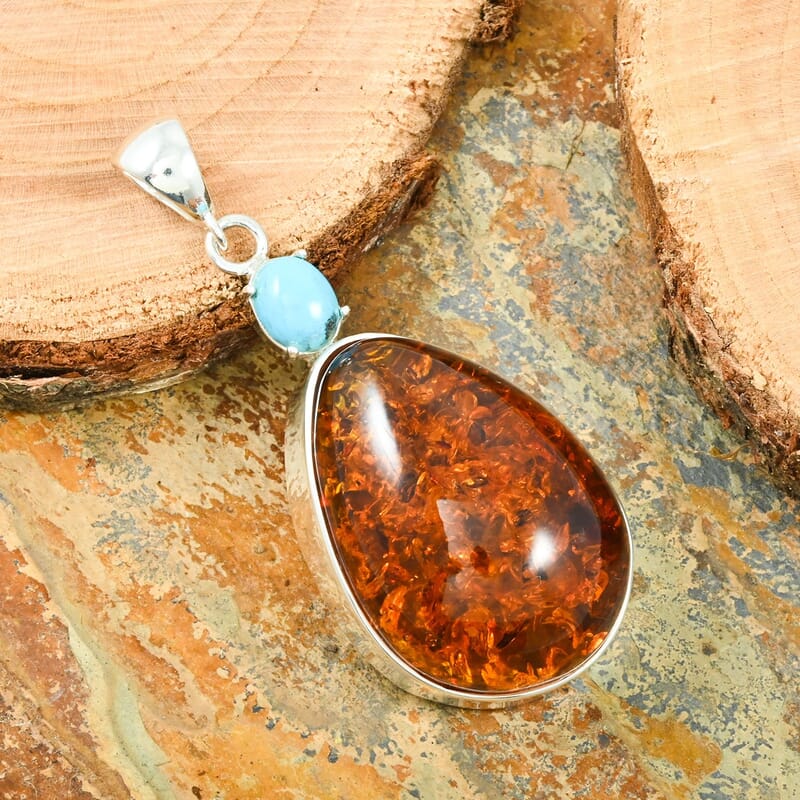 Baltic Amber and Sleeping Beauty Turquoise 1.50 ctw Pendant without Chain in Sterling Silver