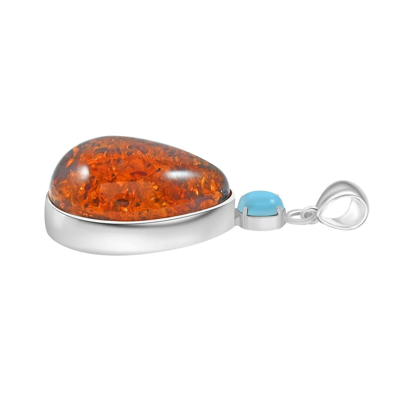 Baltic Amber and Sleeping Beauty Turquoise 1.50 ctw Pendant without Chain in Sterling Silver