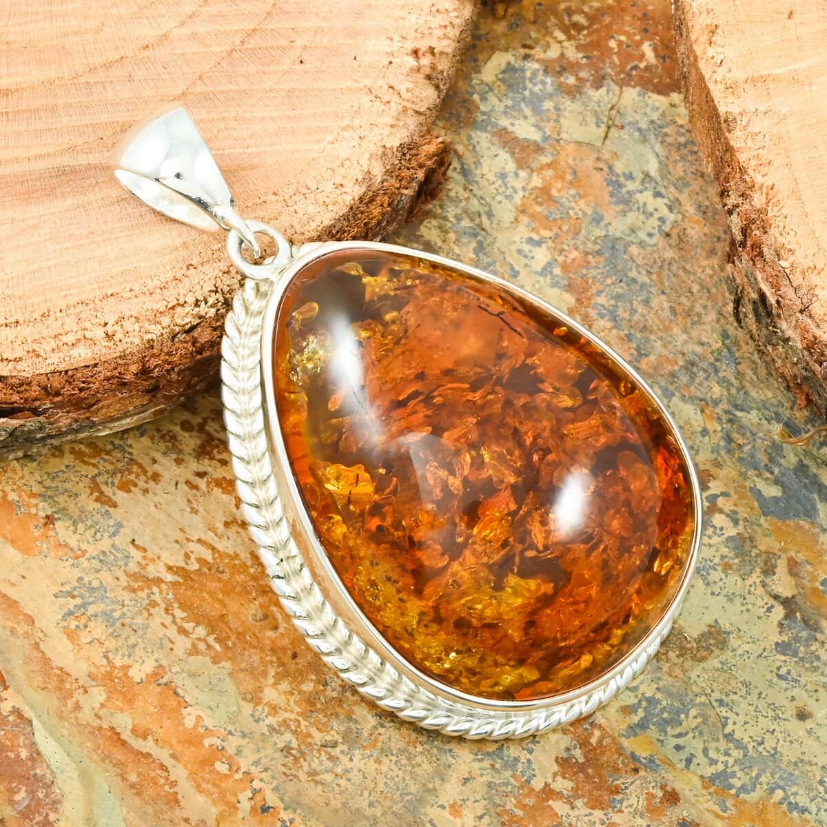 Baltic Amber Drop Pendant in Sterling Silver image number 1