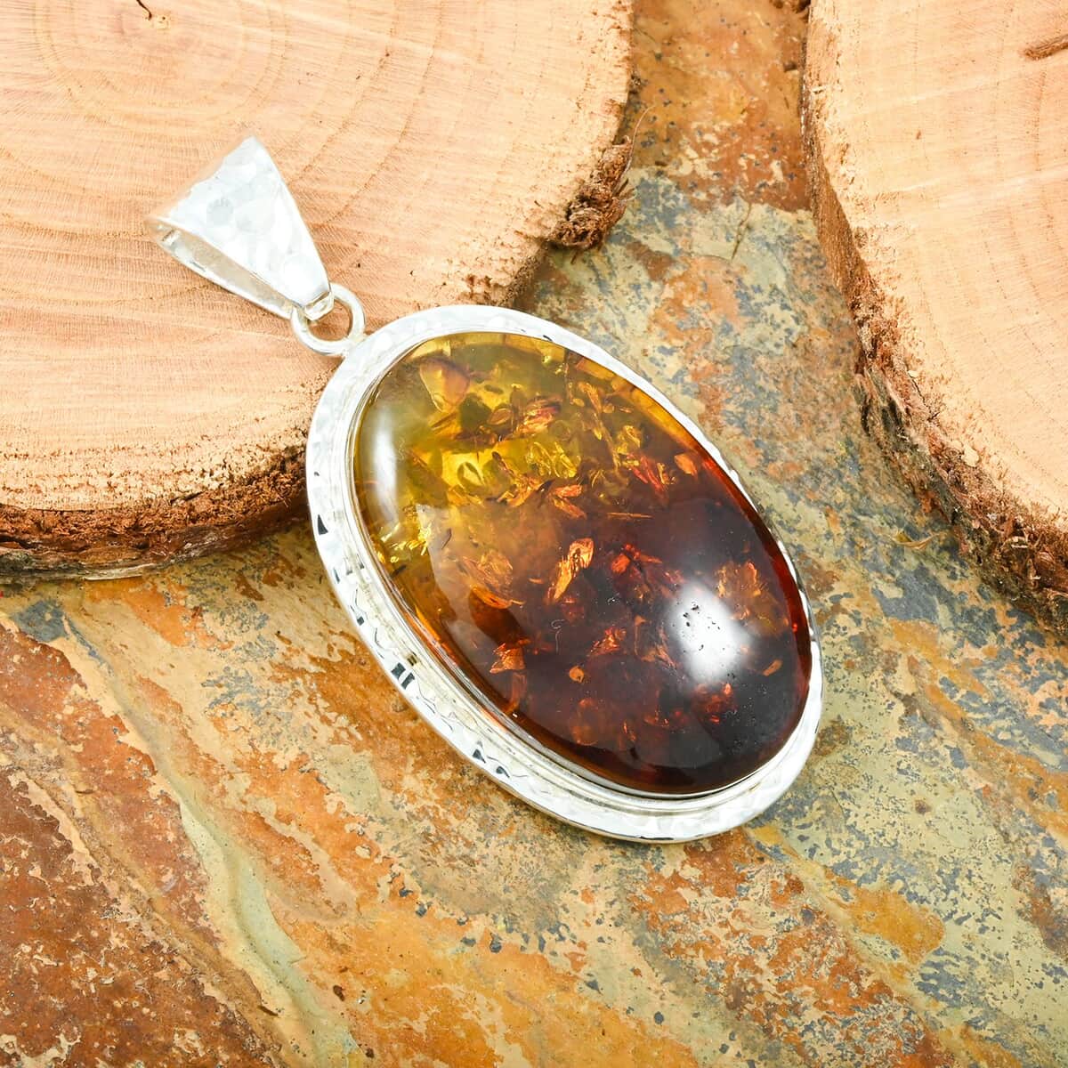 Baltic Amber Oval Shape Pendant in Sterling Silver image number 1